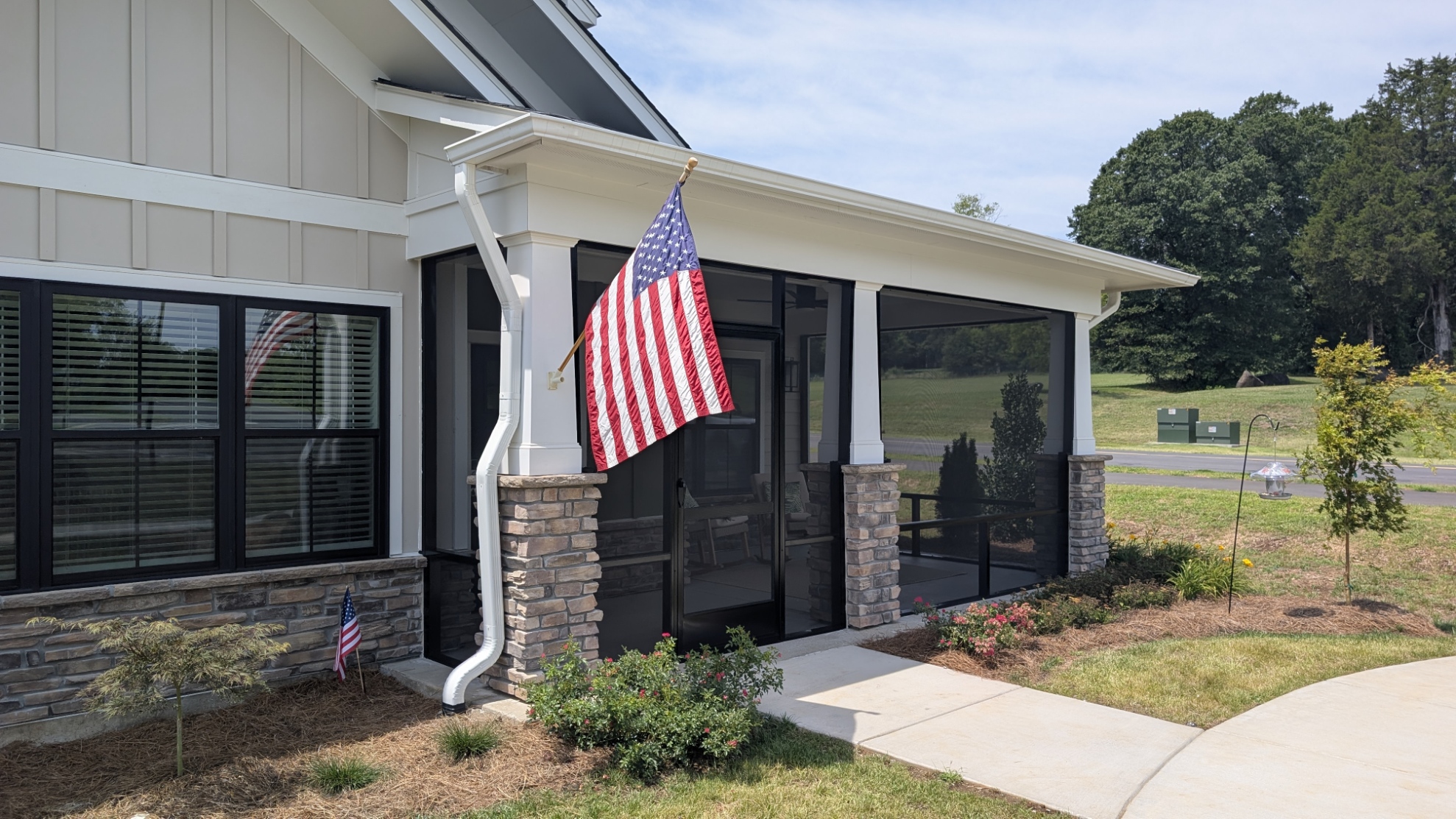 Screened Porch: Front porch enclosure with black framing in INDIA HOOK, SC