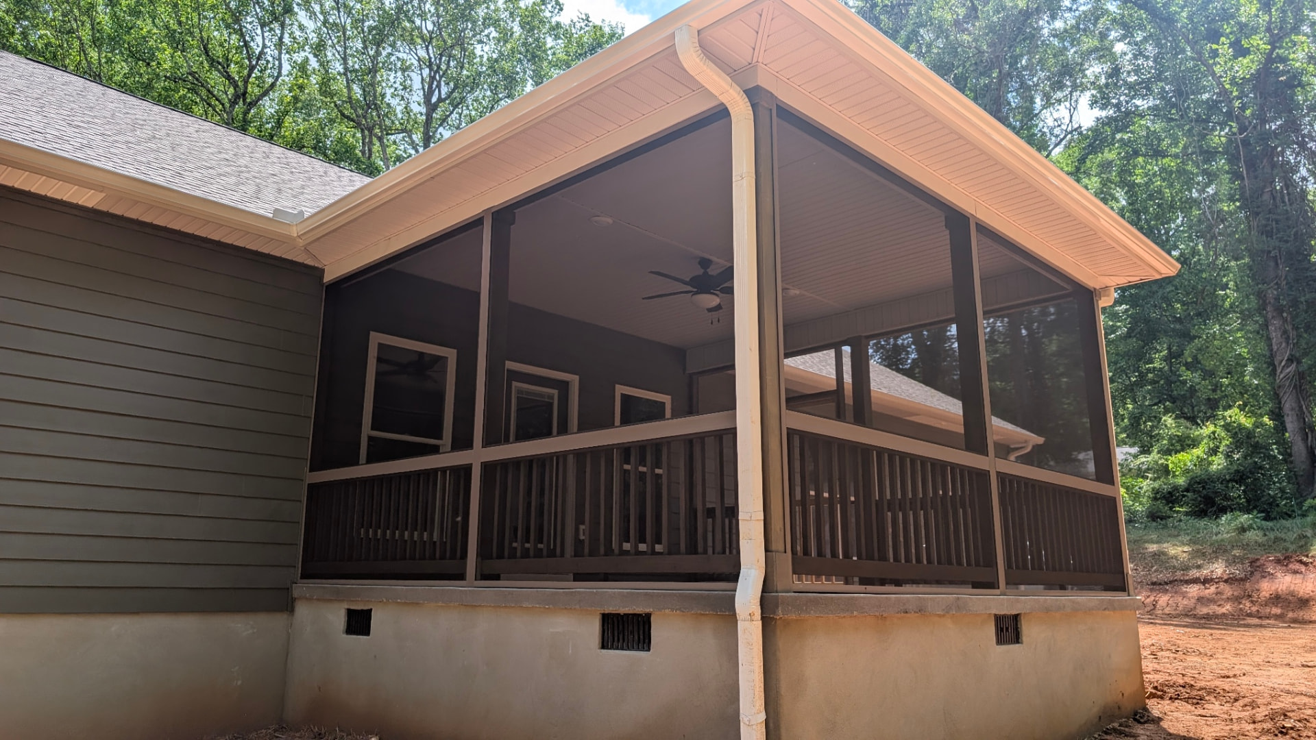 Screened Porch: Gabled screened porch with railings in FORT MILL, SC